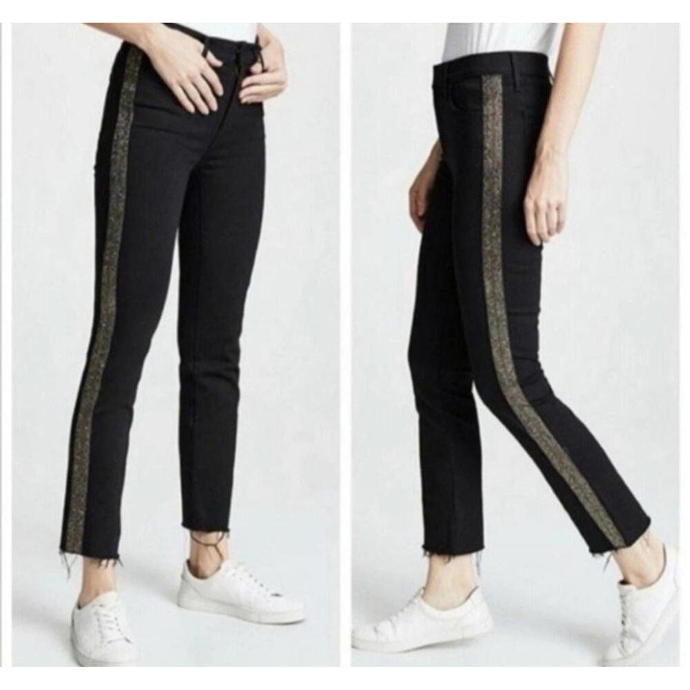 MOTHER Rascal Ankle Fray Guilty Flash Black Gold‎ Glitter High Rise Jeans Sz 23